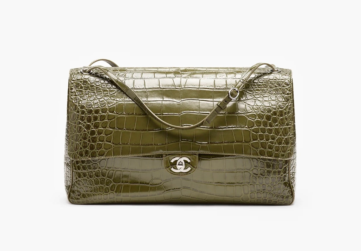 Chanel Maxi Flap – Olive Green Croc-Embossed Leather 38.5cm