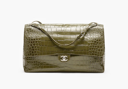 Chanel Maxi Flap – Olive Green Croc-Embossed Leather 38.5cm